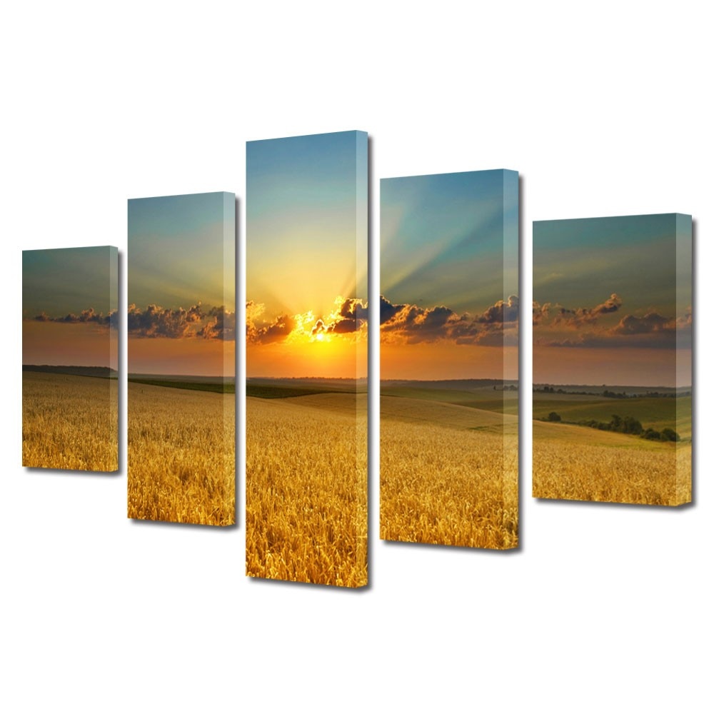 Tablou Multicanvas 5 Piese Peisaje Apus peste lanul de grau, 45 x 70 cm