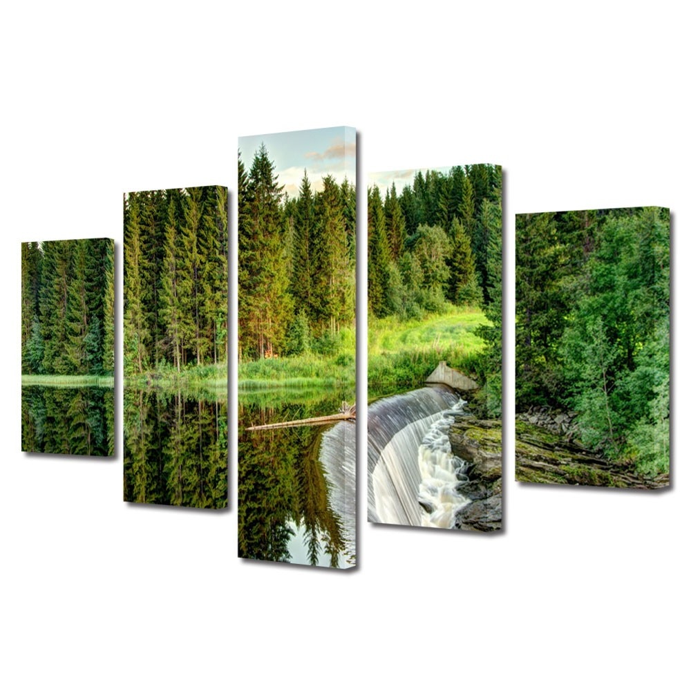 Set Tablouri Multicanvas 5 Piese Peisaje Cascada mare, 70 x 125 cm