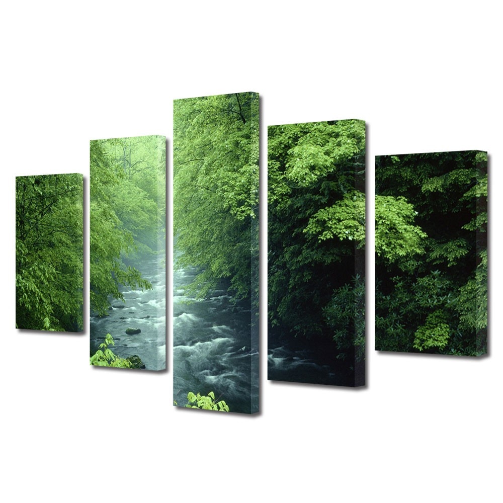 Set Tablouri Multicanvas 5 Piese Peisaje Rau la munte, 70 x 125 cm