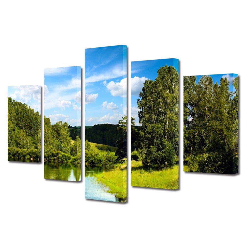 Set Tablouri Multicanvas 5 Piese Peisaje Lac si padure, 70 x 125 cm