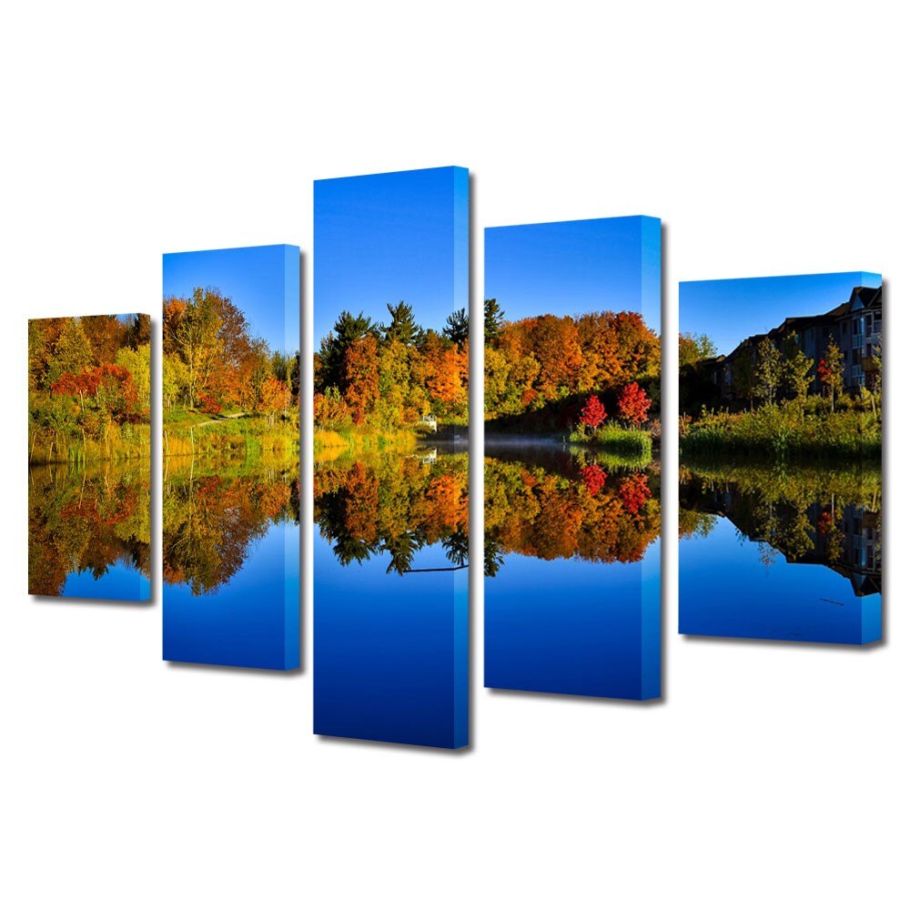 Set Tablouri Multicanvas 5 Piese Peisaje Albastru inchis al lacului, 70 x 125 cm
