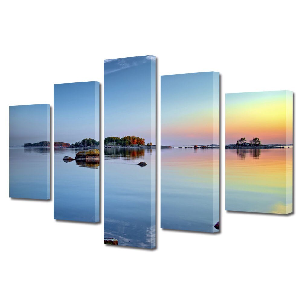 Set Tablouri Multicanvas 5 Piese Peisaje Stanci pe lac, 70 x 125 cm