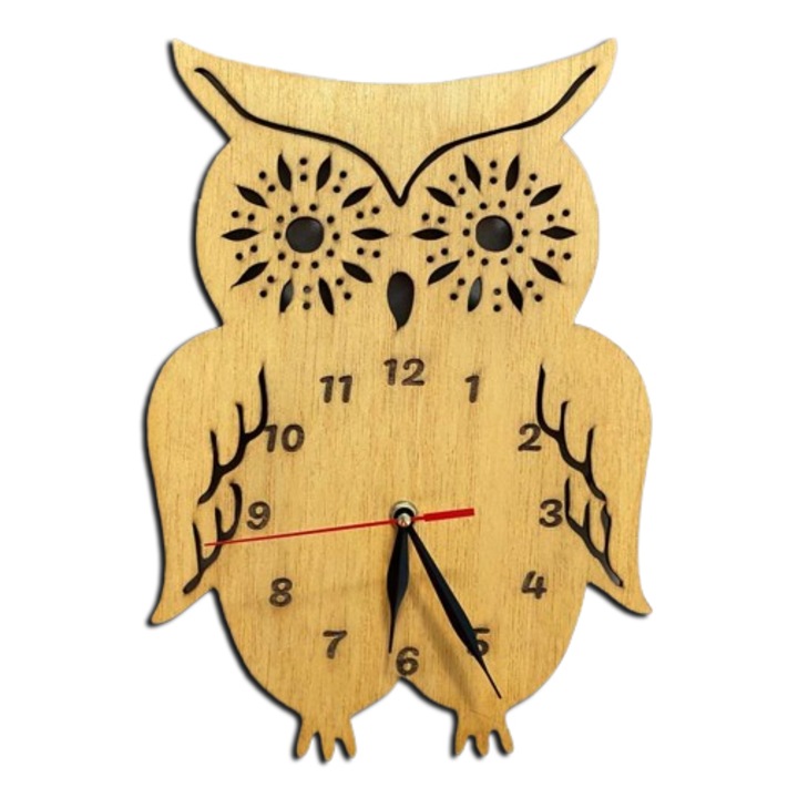 Ceas de perete Lumea Animalelor, Bufnita, personalizabil, lemn, 30 cm