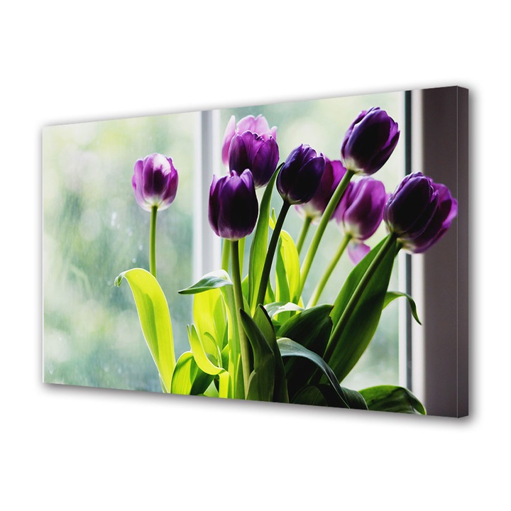 Tablou Canvas Fosforescent, Luminos in Intuneric, Premium, Art Star, Lalele violet la fereastra, Flori, Panza pe cadru de lemn, Decoratiuni Moderne pentru Casa, 20 x 30 cm