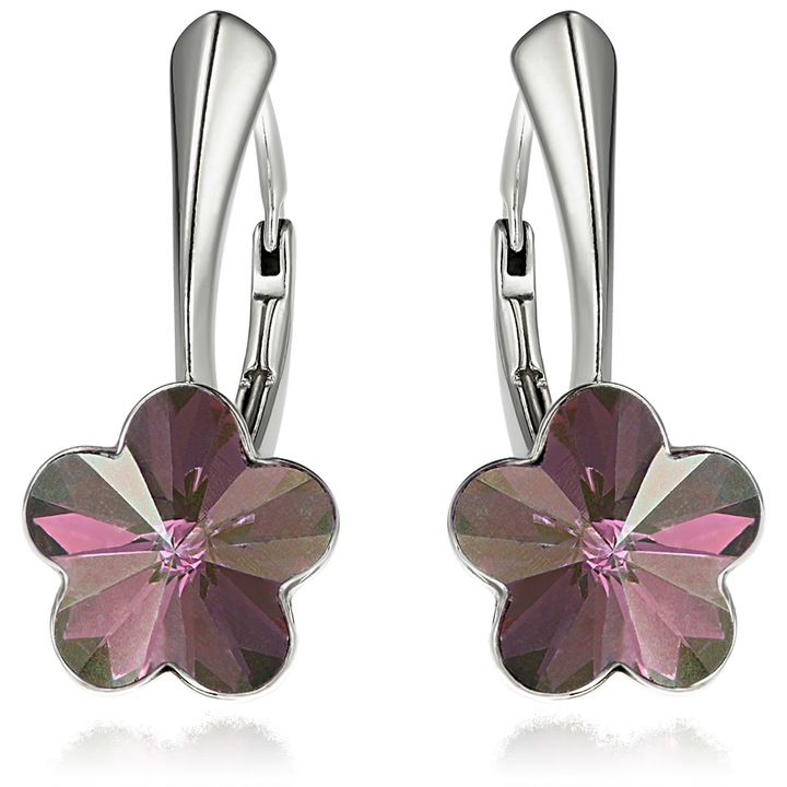 Cercei Argint 925 placat cu rodiu cu cristale Swarovski® Flower, 10mm, Liliac Shadow, Leverback