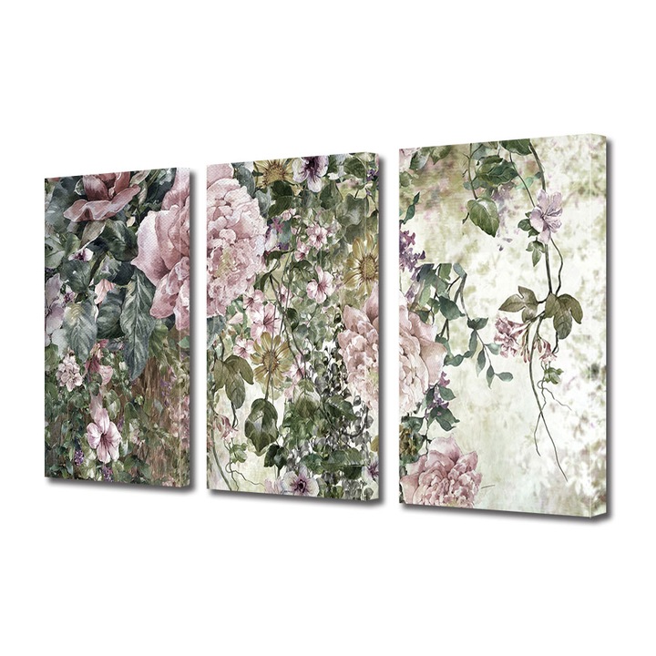 Set Tablouri Multicanvas 3 piese, Art Star, Flori pe panza in culori sterse, Flori, Panza pe cadru de lemn, Decoratiuni Moderne pentru Casa, 30 x 60 cm(3 piese de 20 x 30 cm)