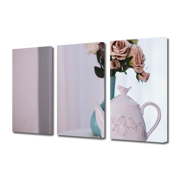 Set Tablouri Multicanvas 3 piese, Art Star, Decor floral langa ceainic, Flori, Panza pe cadru de lemn, Decoratiuni Moderne pentru Casa, 90 x 180 cm(3 piese de 60 x 90 cm)