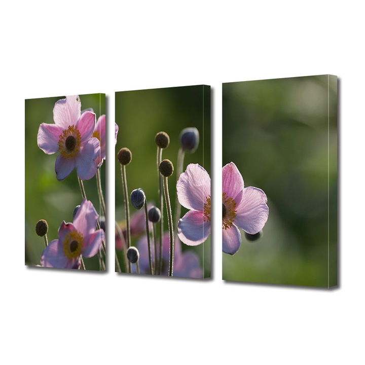Set Tablouri Multicanvas 3 piese, Art Star, Flori cu petale roz pe fundal verde, Flori, Panza pe cadru de lemn, Decoratiuni Moderne pentru Casa, 45 x 90 cm(3 piese de 30 x 45 cm)
