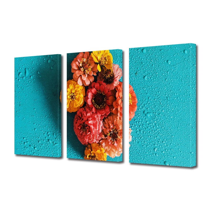 Set Tablouri Multicanvas 3 piese, Art Star, Flori tomnatice oranj pe fundal turcoaz, Flori, Panza pe cadru de lemn, Decoratiuni Moderne pentru Casa, 70 x 150 cm(3 piese de 50 x 70 cm)