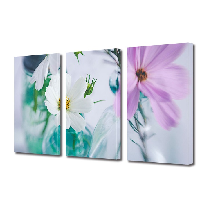 Set Tablouri Multicanvas 3 piese, Art Star, Flori in vase de sticla, Flori, Panza pe cadru de lemn, Decoratiuni Moderne pentru Casa, 70 x 150 cm(3 piese de 50 x 70 cm)