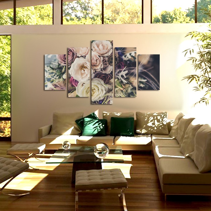 Set Tablouri Multicanvas 5 piese, Art Star, Flori in nuante pale, Flori, Panza pe cadru de lemn, Decoratiuni Moderne pentru Casa, 60 x 100 cm