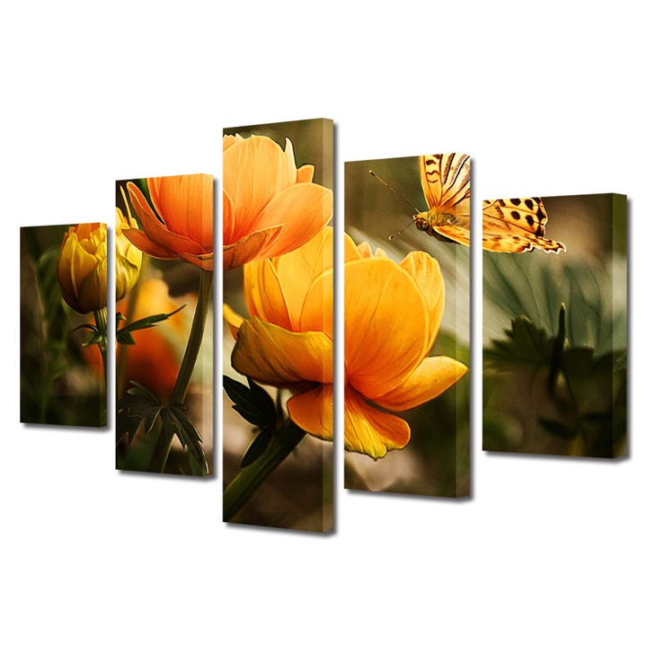Set Tablouri Multicanvas 5 piese, Art Star, Fluture si flori asortate, Flori, Panza pe cadru de lemn, Decoratiuni Moderne pentru Casa, 120 x 225 cm