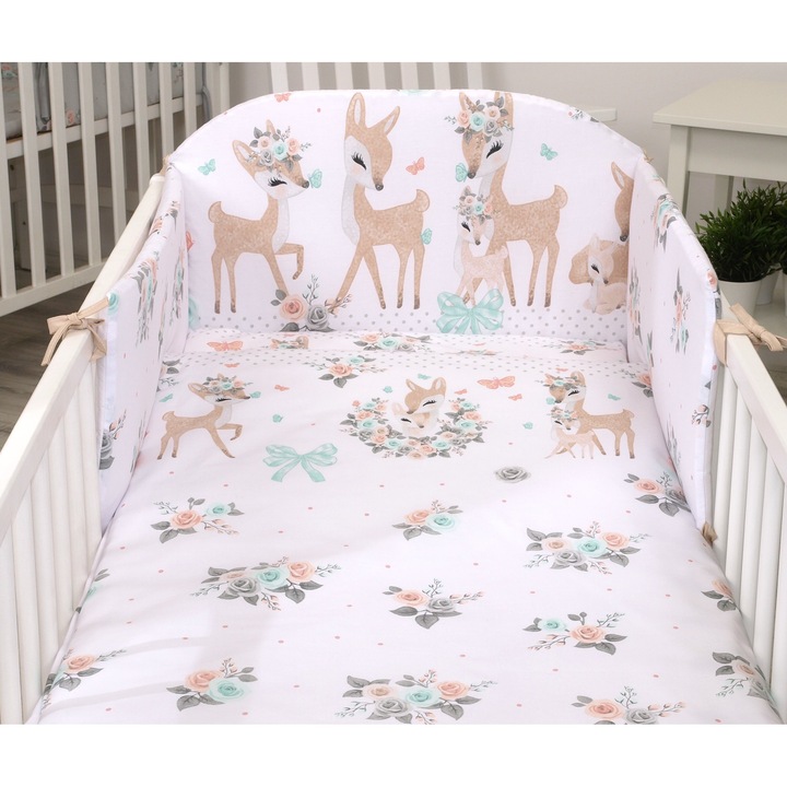 Set lenjerie din bumbac, cu protectie laterala, pentru pat bebelusi120 x 60 cm, Caprioara, Boho