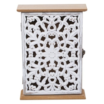 Dulapior din lemn cu model decorativ alb, suport pentru chei, 18,5 x 6 x 26 cm, Nebunici Dulapior din lemn cu model decorativ alb, suport pentru chei, 18,5 x 6 x 26 cm, Nebunici