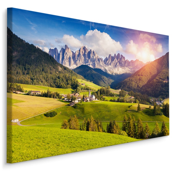 Tablou Peisaj Montan Frumos 120cm x 80cm Efect 3D, Vedere, Canvas, Natura, Soare, Living, Dormitor