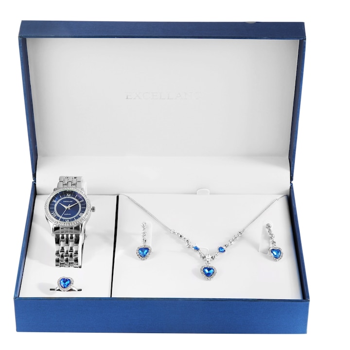 Set cadou , ceas dama, Excellanc, Swarovski Hearts, colier, cercei, inel, placat Silver IP si pietre zirconia blue 1800220-002