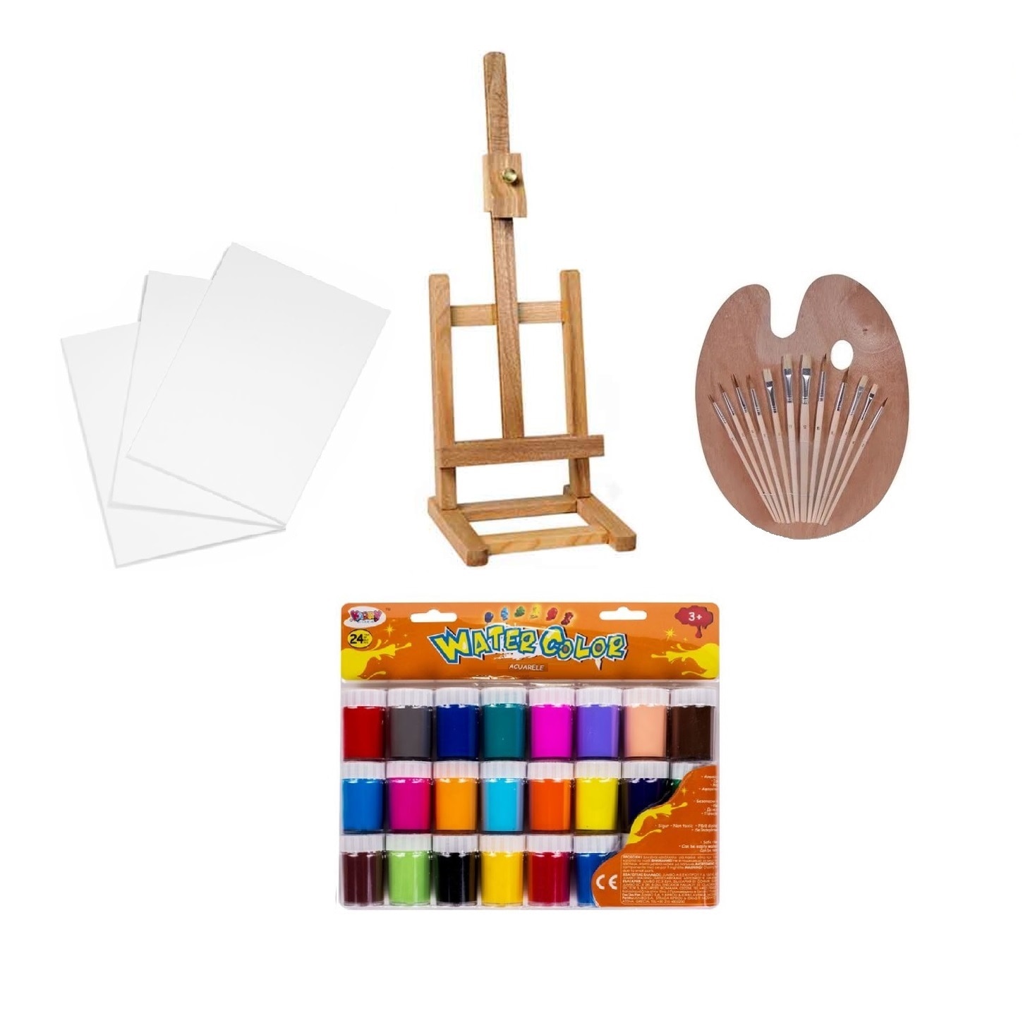 Set pictura format din Sevalet BOIS 41 cm, Acuarele pe baza de apa, paleta si 12 pensule, 3 x Panza canvas 30x40 cm