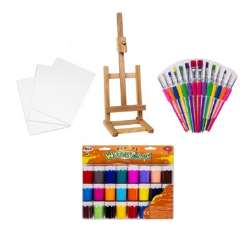 Set pictura format din Sevalet BOIS 41 cm, Acuarele pe baza de apa, 3 x Panza canvas 30x40 cm, 14 pensule pictura cu varf plat Set pictura format din Sevalet BOIS 41 cm, Acuarele pe baza de apa, 3 x Panza canvas 30x40 cm, 14 pensule pictura cu varf plat
