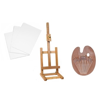 Set pictura format din Sevalet BOIS 41 cm, paleta si 12 pensule, 3 x Panza canvas 30x40 cm Set pictura format din Sevalet BOIS 41 cm, paleta si 12 pensule, 3 x Panza canvas 30x40 cm