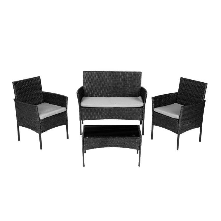 Set canapea, scaune si masa pentru terasa si gradina, structura metalica solida, masa cu blat din sticla calita, perne moi, usor de asamblat, negru, 82.5 x 52 x 102 cm