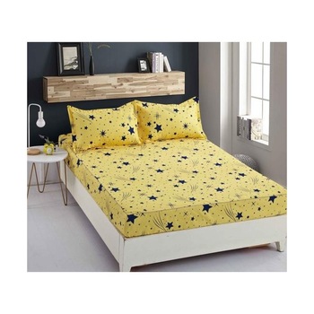 Set husa de pat cu elastic si 2 fete de perna, pentru pat dublu, 180 x 200 cm, Bumbac Finet, Galbena cu stele Set husa de pat cu elastic si 2 fete de perna, pentru pat dublu, 180 x 200 cm, Bumbac Finet, Galbena cu stele