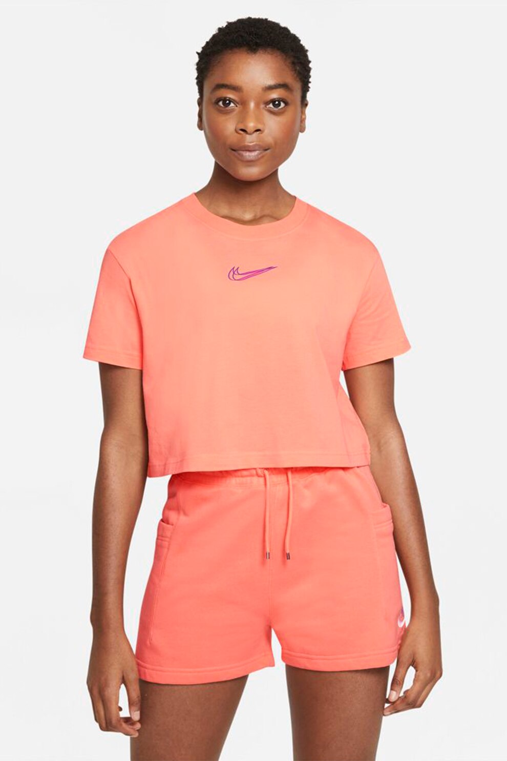 Nike, Tricou crop cu detaliu logo, Roz somon