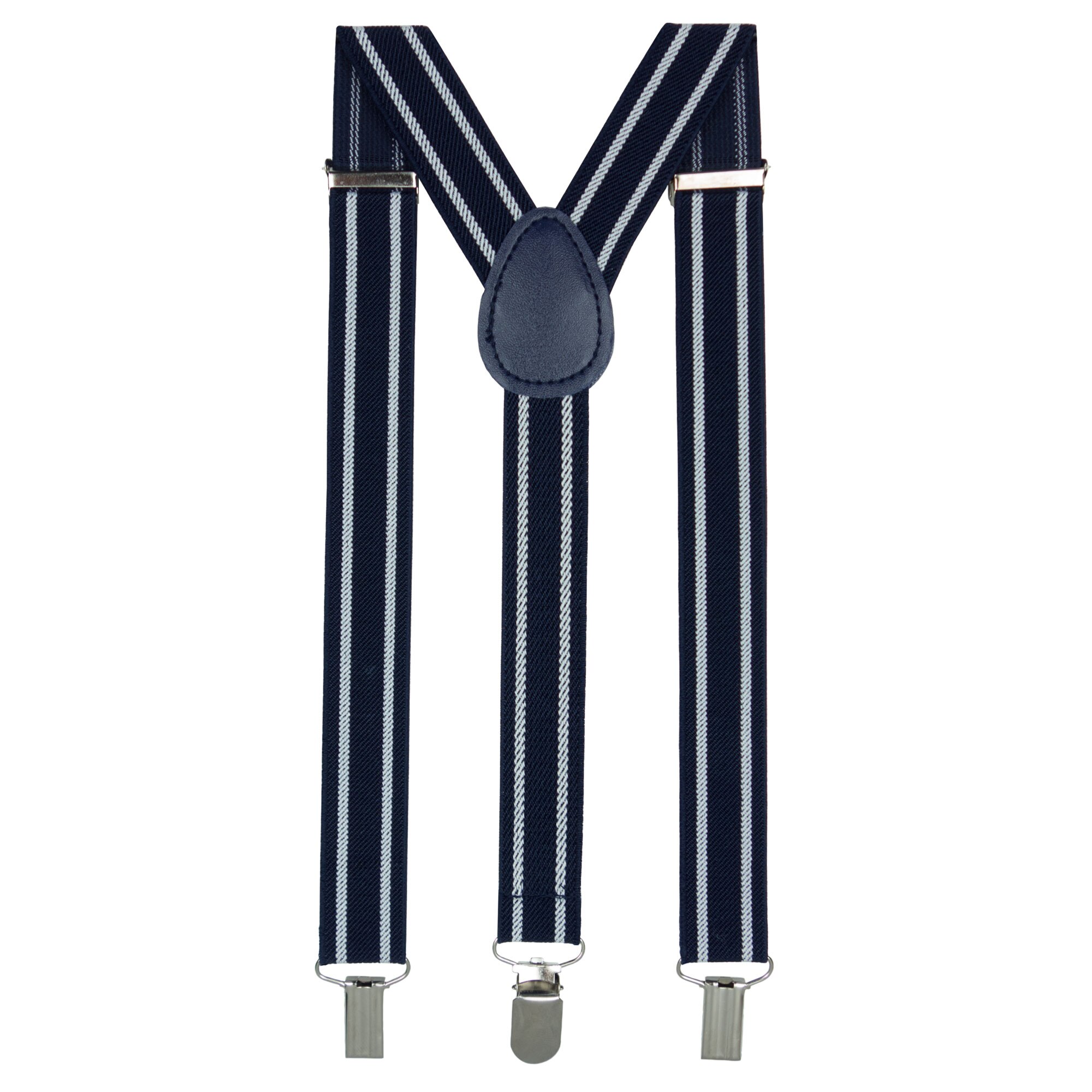 Bretele copii, Buticcochet, Bleumarin cu dungi verticale albe, inchizatori metalice, 25 mm, BR91