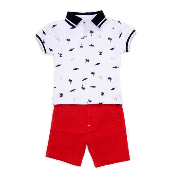 Set 2 piese Babybol baiat, tricou polo si pantalon scurt , bumbac, imprimeu pesti, alb/rosu, Rosu/Alb
