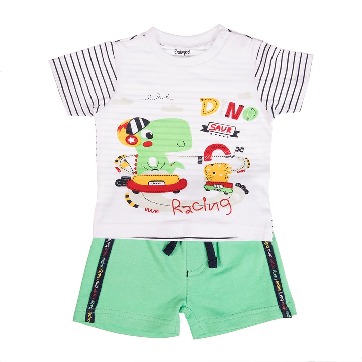 Set 2 piese Babybol baiat, tricou polo si pantalon scurt , bumbac, imprimeu pesti, alb/rosu, Alb/Verde