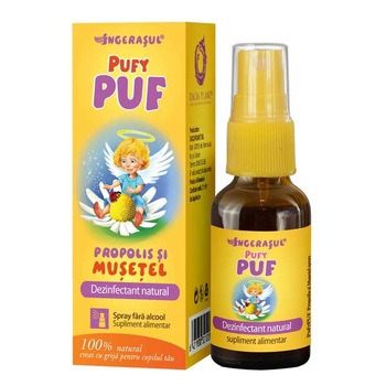Ingerasul Pufy Puf Spray cu Propolis si Musetel, Dacia Plant, recomandat copiilor pentru mentinerea sanatatii pielii, aparatului respirator precum si a celui digestiv, 20 ml Ingerasul Pufy Puf Spray cu Propolis si Musetel, Dacia Plant, recomandat copiilor pentru mentinerea sanatatii pielii, aparatului respirator precum si a celui digestiv, 20 ml