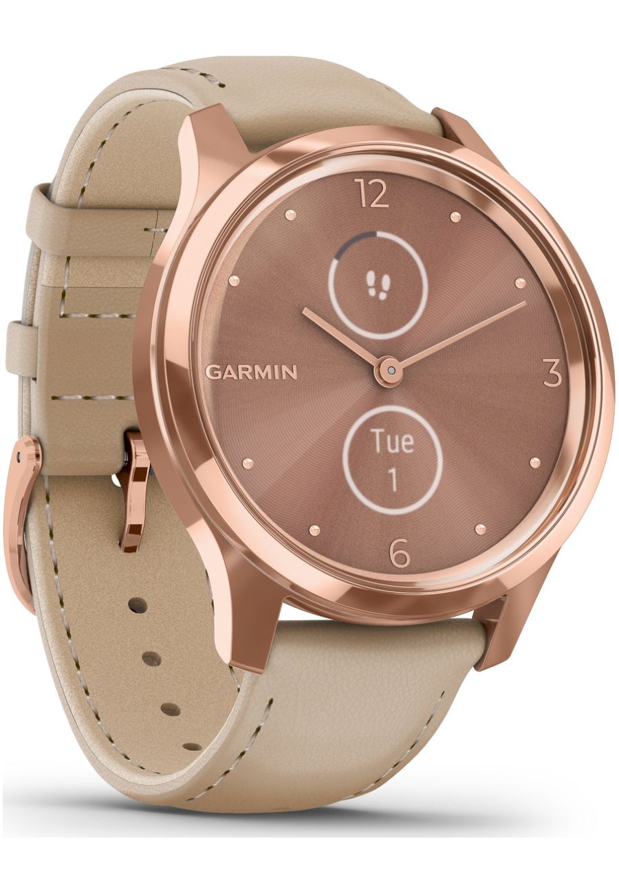 Ceas unisex, Garmin, 010-02241-01, Carcasa din otel inoxidabil, 5 ATM, 42 mm, Bej/Rose Gold