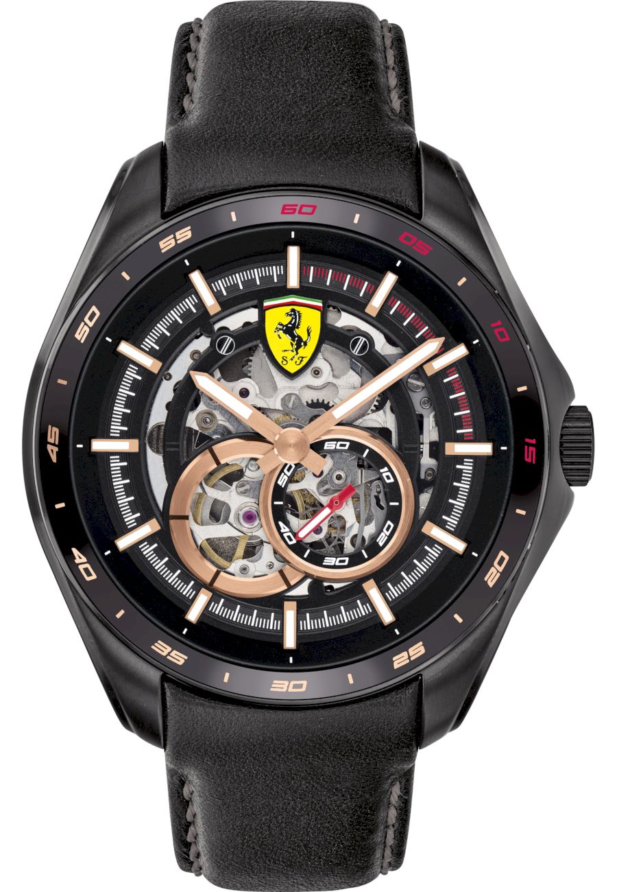 Ceas barbati, Scuderia Ferrari, Piele/Aluminiu, 47mm, 5ATM, Analog, Negru