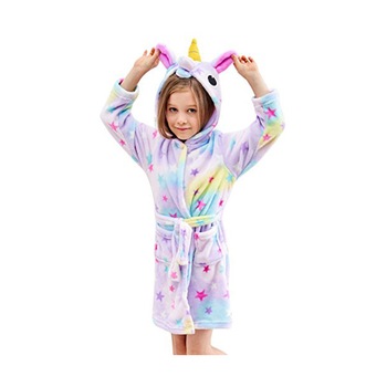 Halat de baie, pentru fete si baieti, model cu Unicorn, in nuante de lila, imprimeu cu stelute multicolorate, varsta 5-6 ani