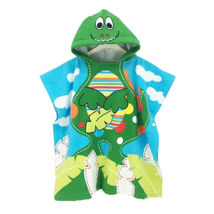 Хавлиена кърпа тип пончо, с качулка, многоцветна, за момчета и момичета, шарка зелен динозавър, размер 120x60
