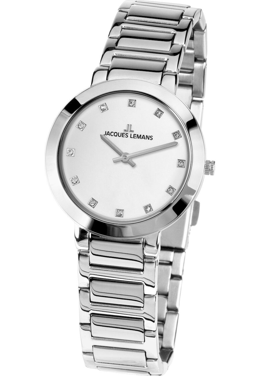 Ceas dama, Jacques Lemans, 1-1842.1M, Otel inoxidabil, Pietre decorative, 32 mm, 5 ATM, Argintiu/Alb