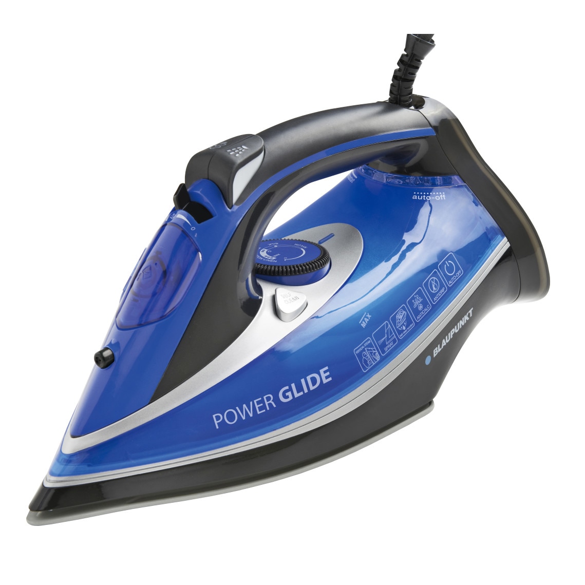 Fier de calcat Blaupunkt HSI801, 3000W, 380 ml, 45g/min, talpa ceramica cu functie de ionizare, functie anti-calcar si anti-picurare, termostat reglabil, Negru/Albastru