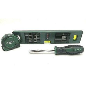 Set 20 de accesorii Bosch, boloboc cu 2 bule de nivel, ruleta 3m si surubelnita uniersala Set 20 de accesorii Bosch, boloboc cu 2 bule de nivel, ruleta 3m si surubelnita uniersala
