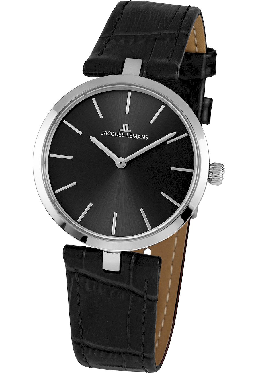Ceas dama, Jacques Lemans, 1-2024A, Curea din piele, Carcasa din otel inoxidabil, 34 mm, 5 ATM, Negru/Argintiu