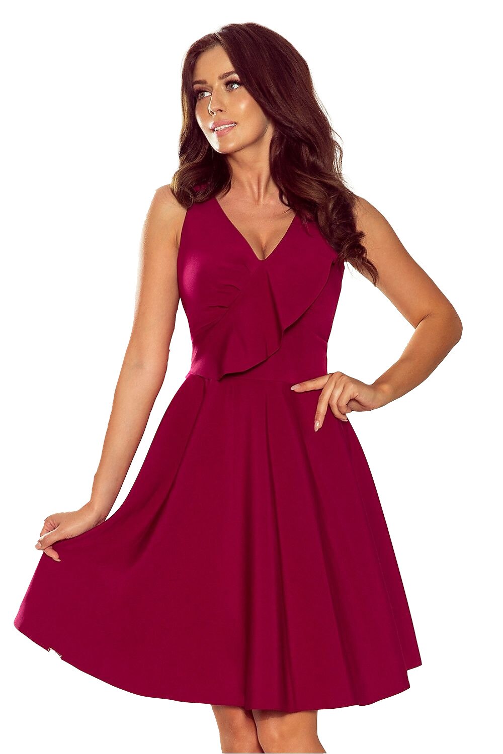 Rochie eleganta, evazata fara maneci, cu volan pe decolteu, Numoco, Visiniu
