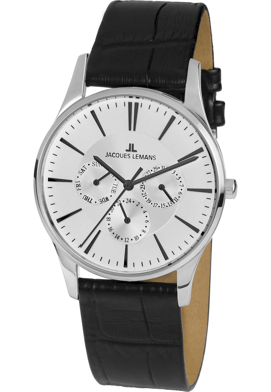Ceas unisex, Jacques Lemans, 1-1951B, Curea din piele, Carcasa din otel inoxidabil, 40 mm, 5 ATM, Negru/Argintiu