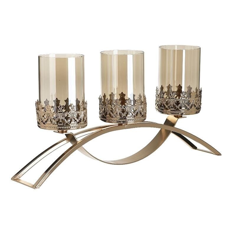 Suport 3 lumanari Luxury din metal si sticla Golden 42 cm x 19 cm