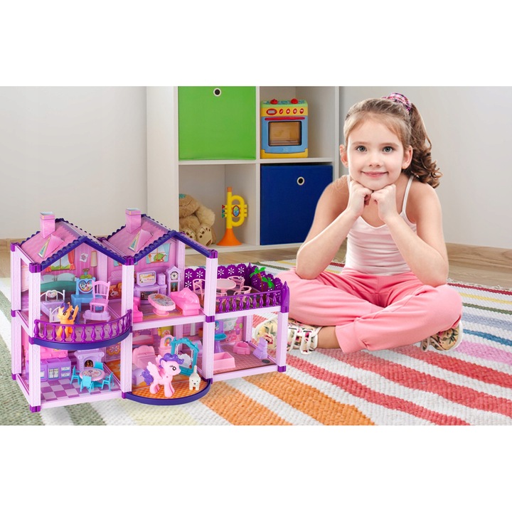 KinderVibe babaház, 2 szint, 6 szoba, terasz és erkély, bútorokat, 2 pónit és egy kiskutyát tartalmaz, serkenti a képzeletet, 38,5 cm magas, rózsaszín / lila