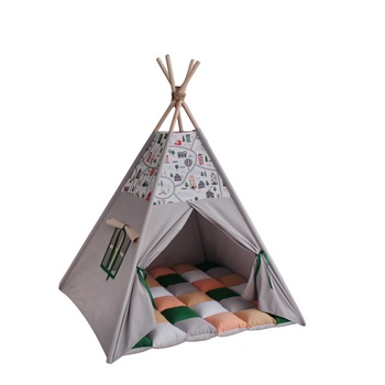 Cort teepee cu salteluta de joaca, Happy Town, bumbac, 110x110x150 cm Cort teepee cu salteluta de joaca, Happy Town, bumbac, 110x110x150 cm