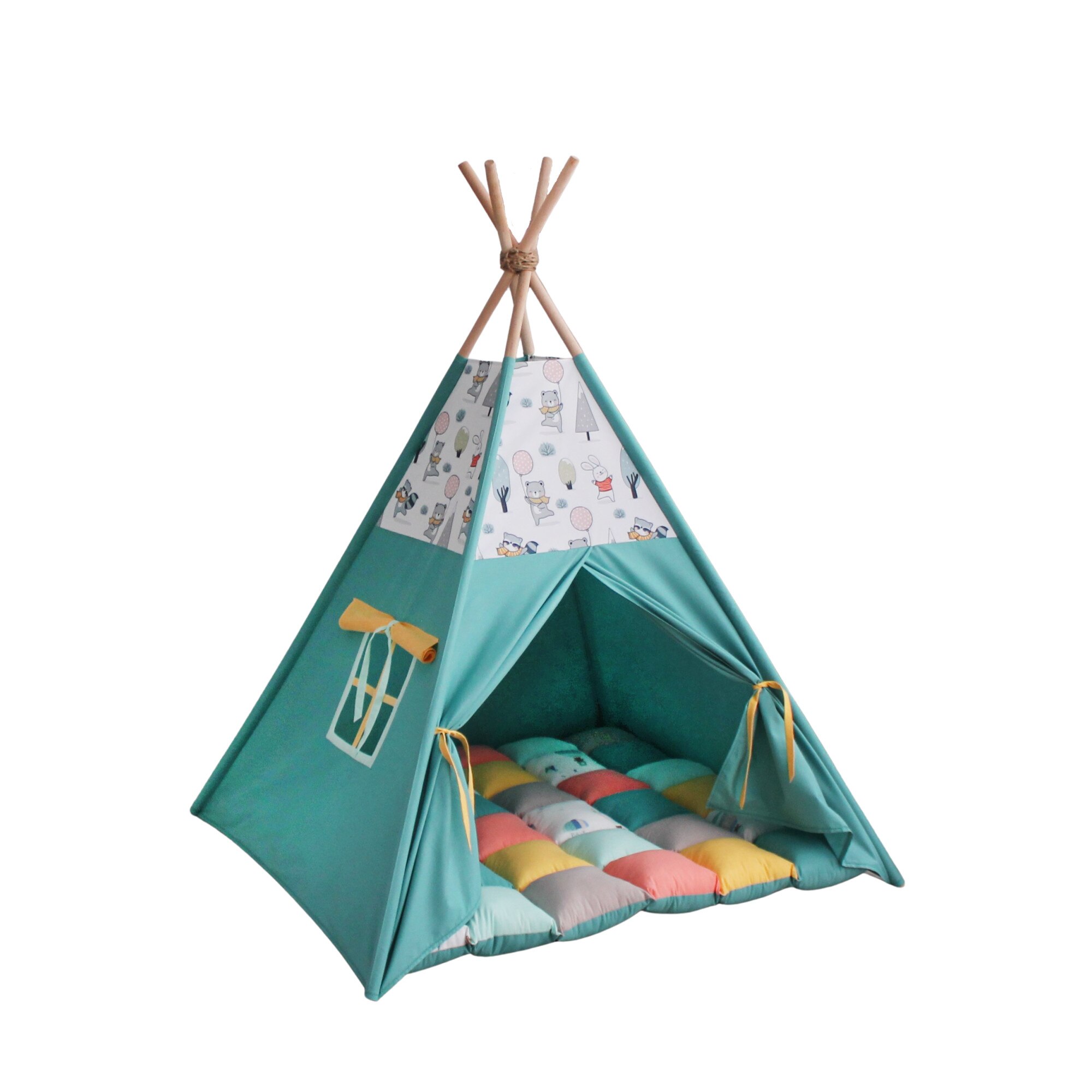 Cort teepee si salteluta de joaca Montessori- Ursuleti si iepurasi (110x110x150 cm)