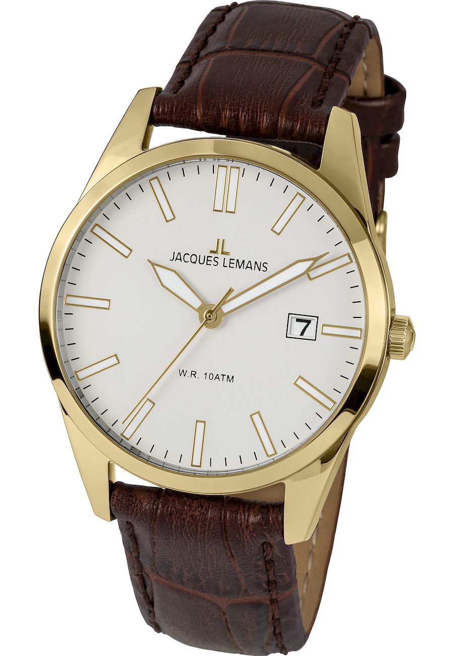 Ceas unisex, Jacques Lemans, 1-2002O, Carcasa din otel inoxidabil, 40 mm, 10 ATM, Maro/Auriu