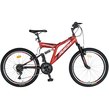 Bicicleta MTB Rich Alpin R2449, suspensie fata/spate, roata 24 inch, frana tip V-Brake, 18 Viteze, Rosu/Negru, pentru copii Bicicleta MTB Rich Alpin R2449, suspensie fata/spate, roata 24 inch, frana tip V-Brake, 18 Viteze, Rosu/Negru, pentru copii