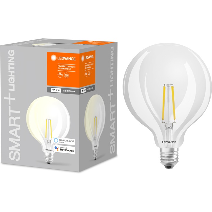 Интелигентен LED крушка Ledvance Smart+ Wi-Fi, Filament, Затъмняване, E27, 5.5W (60W), 806 лумена, Топла светлина (2700K), Съвместимост Google Assistant, Amazon Alexa, Енергиен клас E