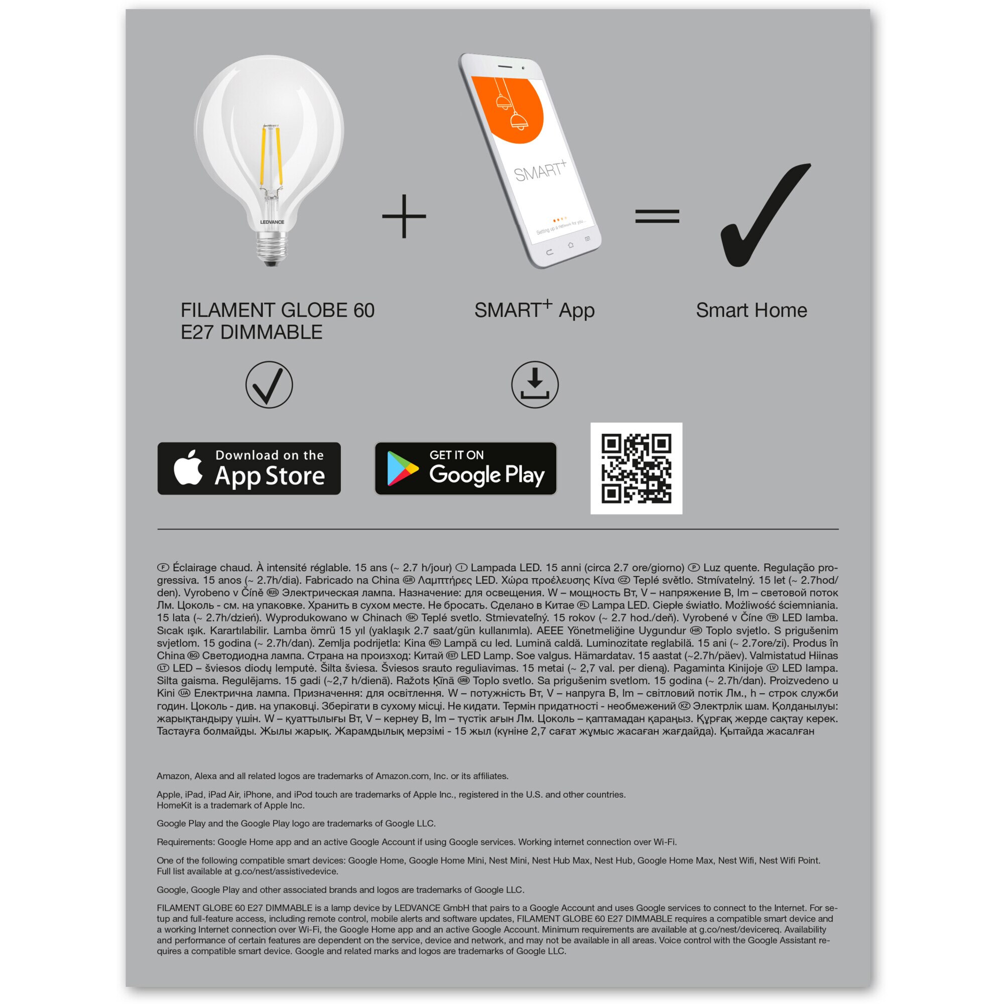 LEDVANCE LED Smart HomeKit Filament A60, E27 5,5 watts dimmable