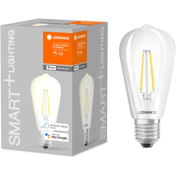 Bec LED inteligent Ledvance Smart+ Wi-Fi, filament, Classic Edison, dimabil, E27, 5.5W (60W), 806 lm, lumina calda (2700K), compatibil Google Assistant, Amazon Alexa Bec LED inteligent Ledvance Smart+ Wi-Fi, filament, Classic Edison, dimabil, E27, 5.5W (60W), 806 lm, lumina calda (2700K), compatibil Google Assistant, Amazon Alexa