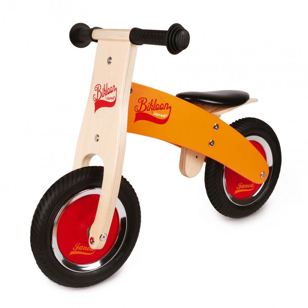 Bicicleta fara pedale Janod - Little Bikloon, din lemn, rosu/portocaliu, pentru copii